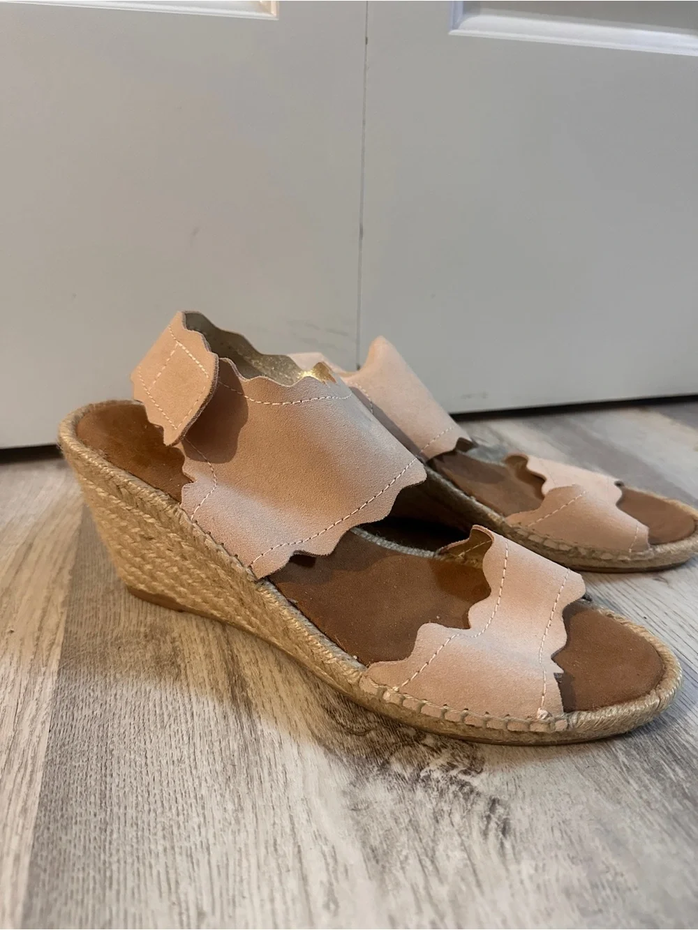 275 Central Scalloped Double-Strap Espadrille Wedge Sandals in Blush